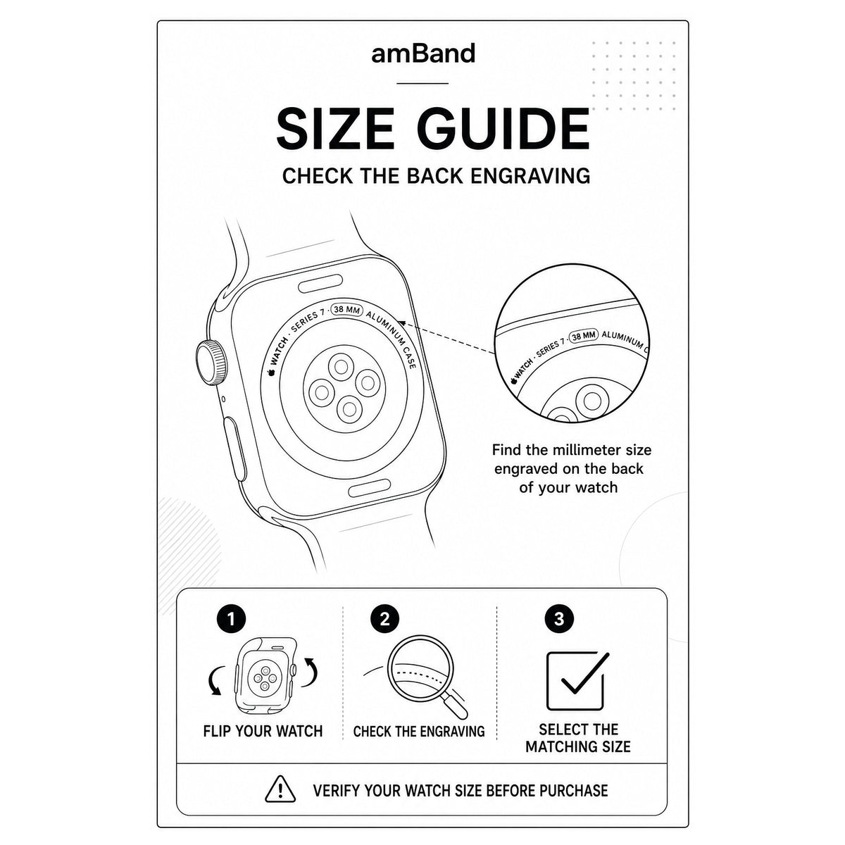 amBand Apple Watch size guide showing how to check the millimeter size engraved on the back of the watch